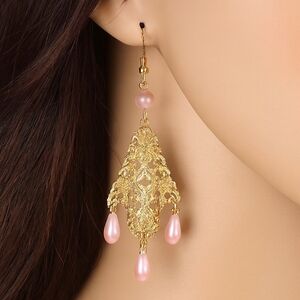 Gold Filigree Design Long Beads Drop Dangle Earrings Women Jewelry #1